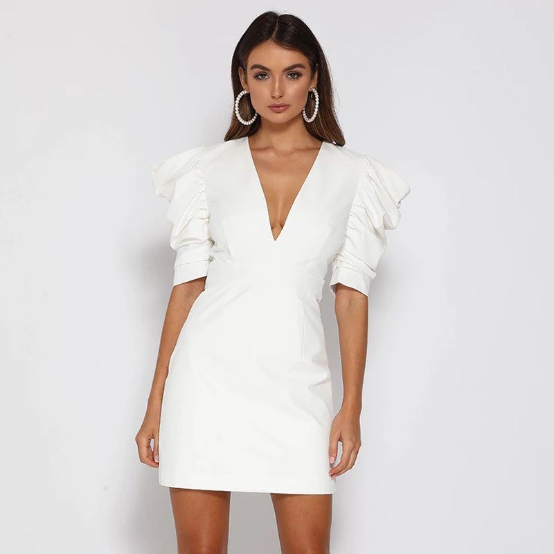 White Deep V-Neck Puff Sleeve A-Line Mini Dress