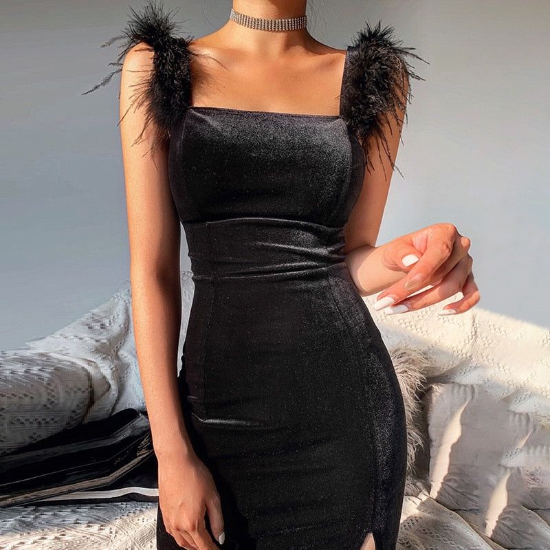 Black Square Neck Feather Strap Velvet High Slit Bodycon Midi Dress