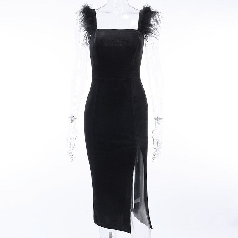Black Square Neck Feather Strap Velvet High Slit Bodycon Midi Dress