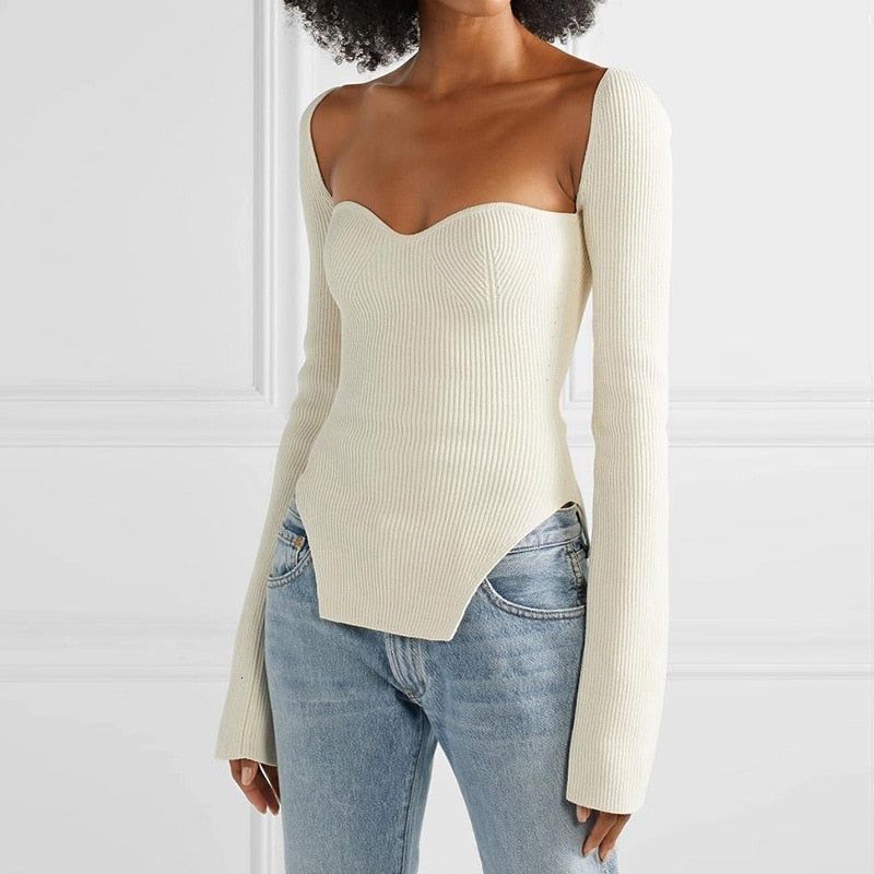 Square Neck Off-Shoulder Ribbed Knit Long Sleeve Sweater