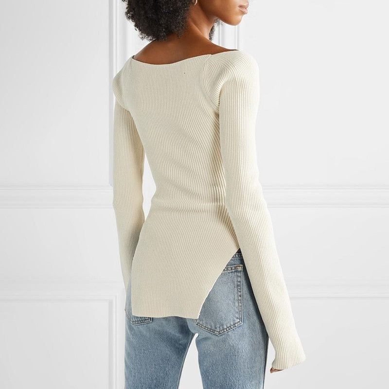 Square Neck Off-Shoulder Ribbed Knit Long Sleeve Sweater