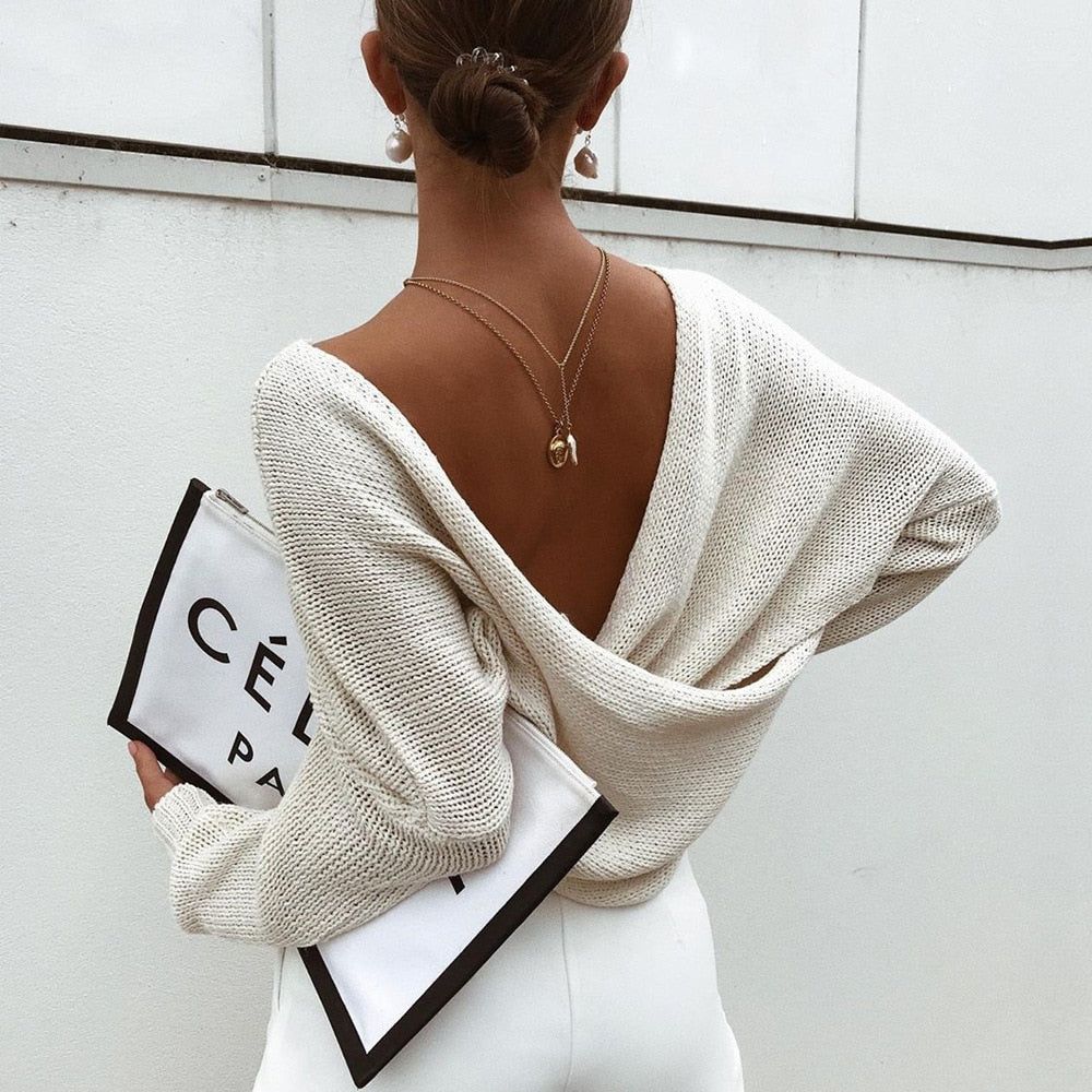 Open Back Long Sleeve Knit Sweater