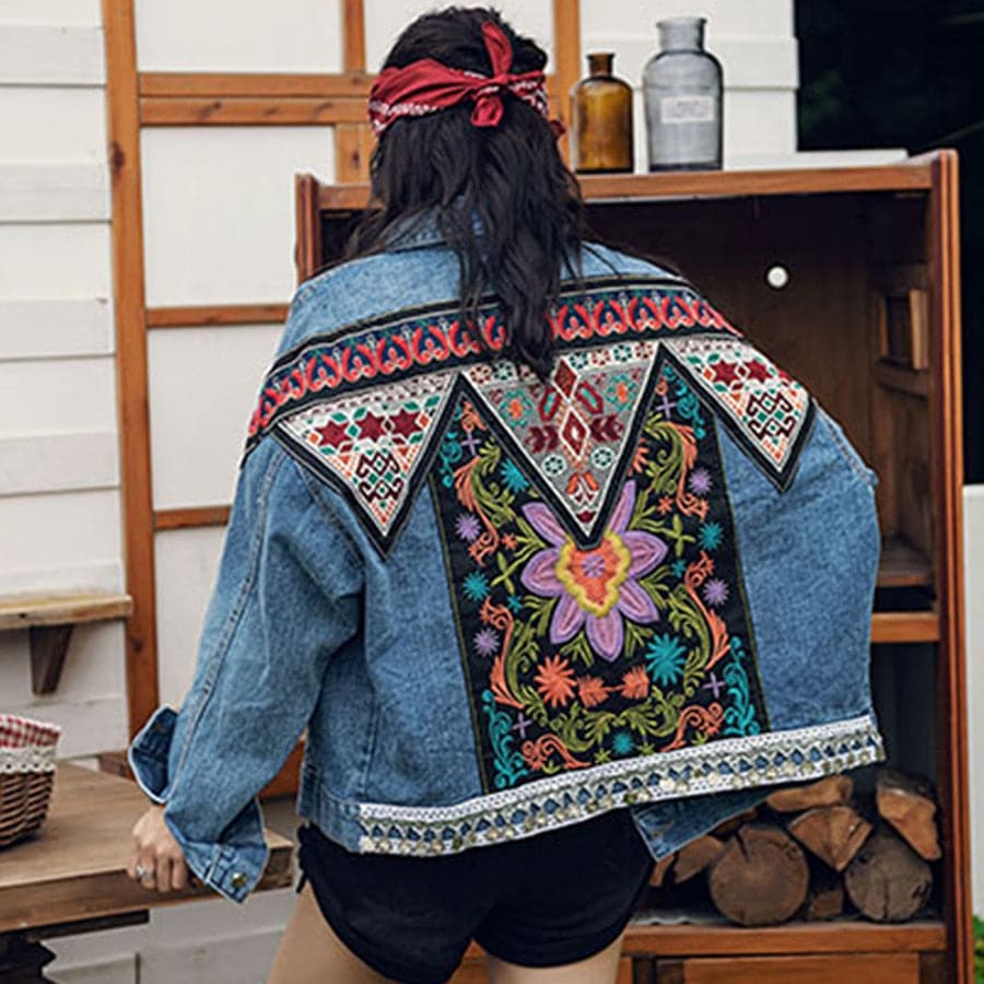 Boho Denim Floral Appliques Embroidery Vintage Coat