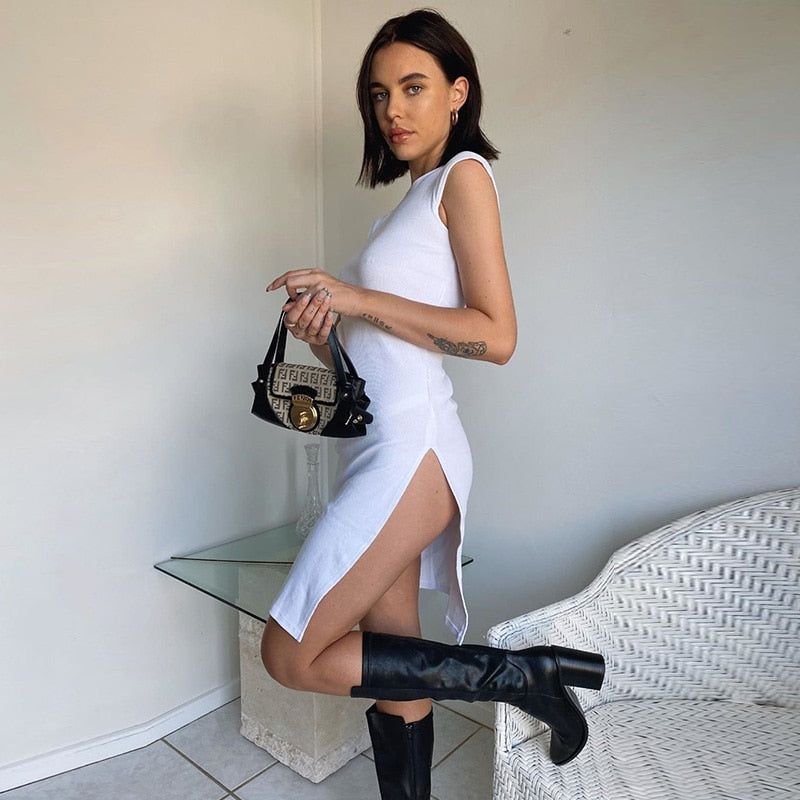Mock Neck Cap Sleeve Ribbed Knit High Slit Bodycon Midi Dress