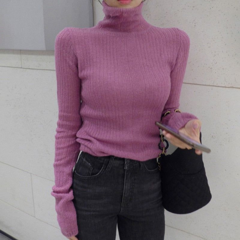 Turtleneck Ribbed Knit Long Sleeve Crop Sweater