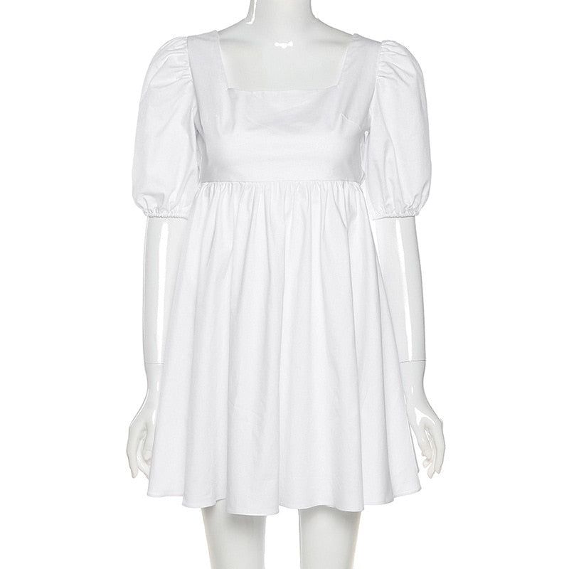 White Square Neck Puff Sleeve Babydoll Mini Dress