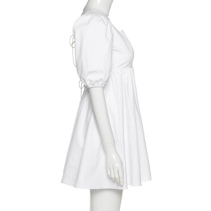 White Square Neck Puff Sleeve Babydoll Mini Dress