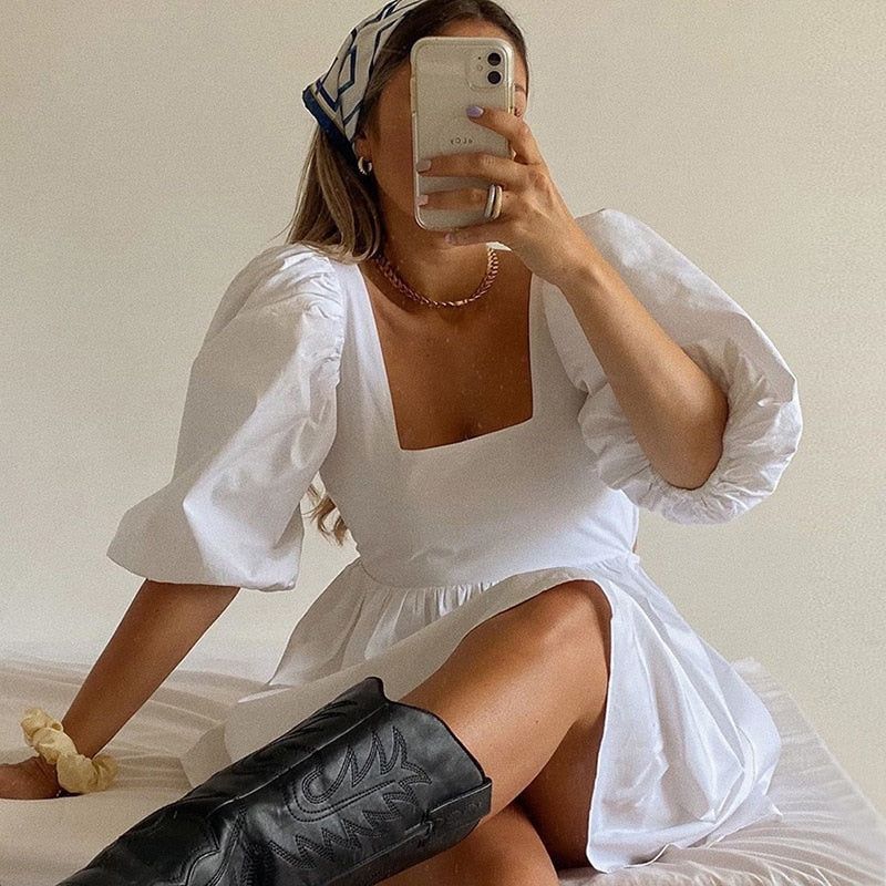 White Square Neck Puff Sleeve Babydoll Mini Dress