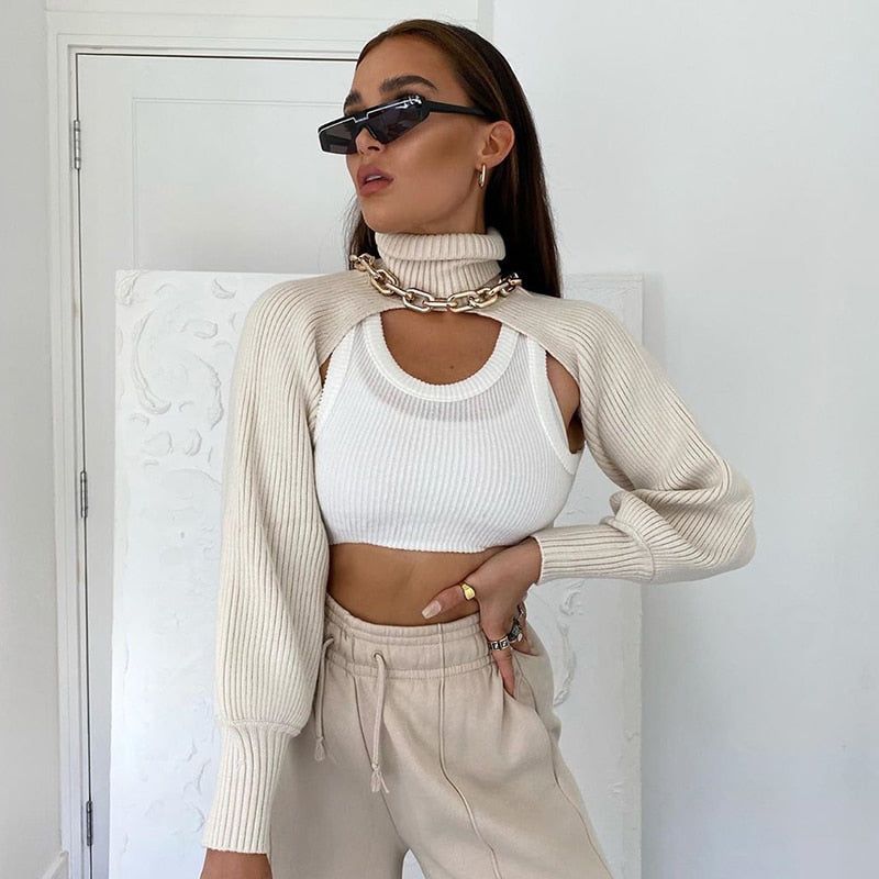Beige Turtleneck Ribbed Long Sleeve Cropped Shrug Sweater 3
