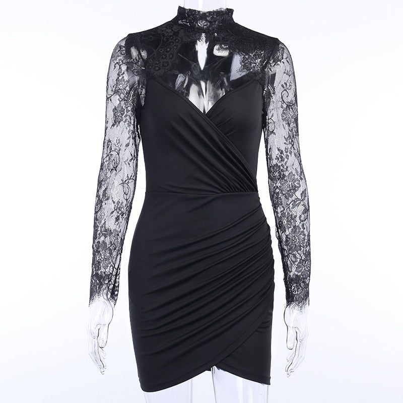 Black High Neck Lace Long Sleeve Ruched Bodycon Mini Dress