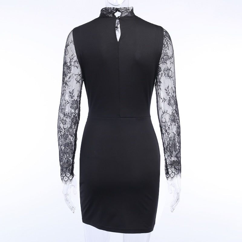 Black Lace Mock Neck Long Sleeve Ruched Wrap Bodycon Mini Dress