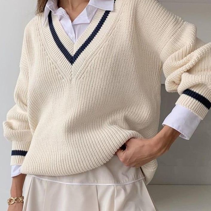 V-Neck Contrast Stripe Ribbed Knit Oversized Sweater