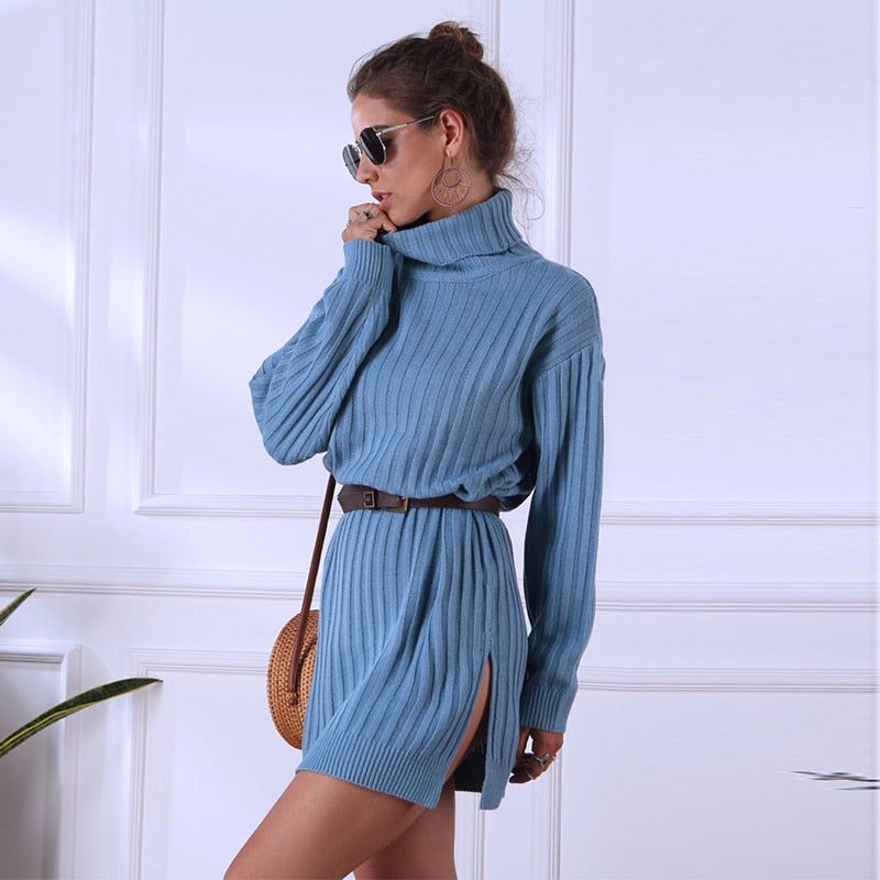 Turtleneck Long Sleeve Ribbed Knit Sweater Mini Dress
