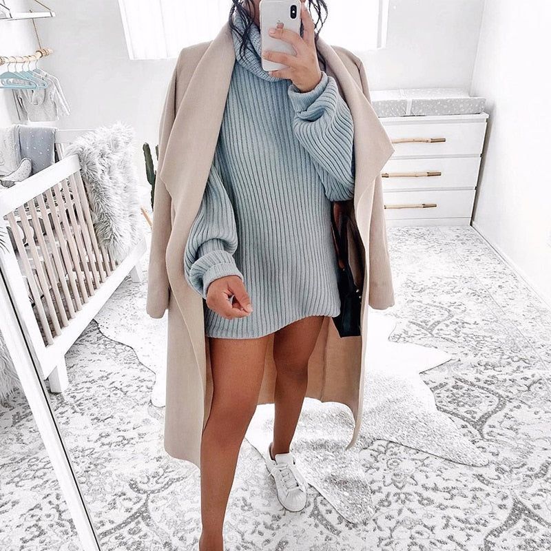 Turtleneck Long Sleeve Ribbed Knit Sweater Mini Dress