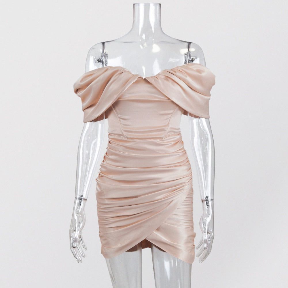 Off-Shoulder Satin Corset Ruched Draped Bodycon Mini Dress