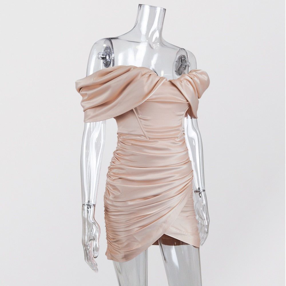 Off-Shoulder Satin Corset Ruched Draped Bodycon Mini Dress