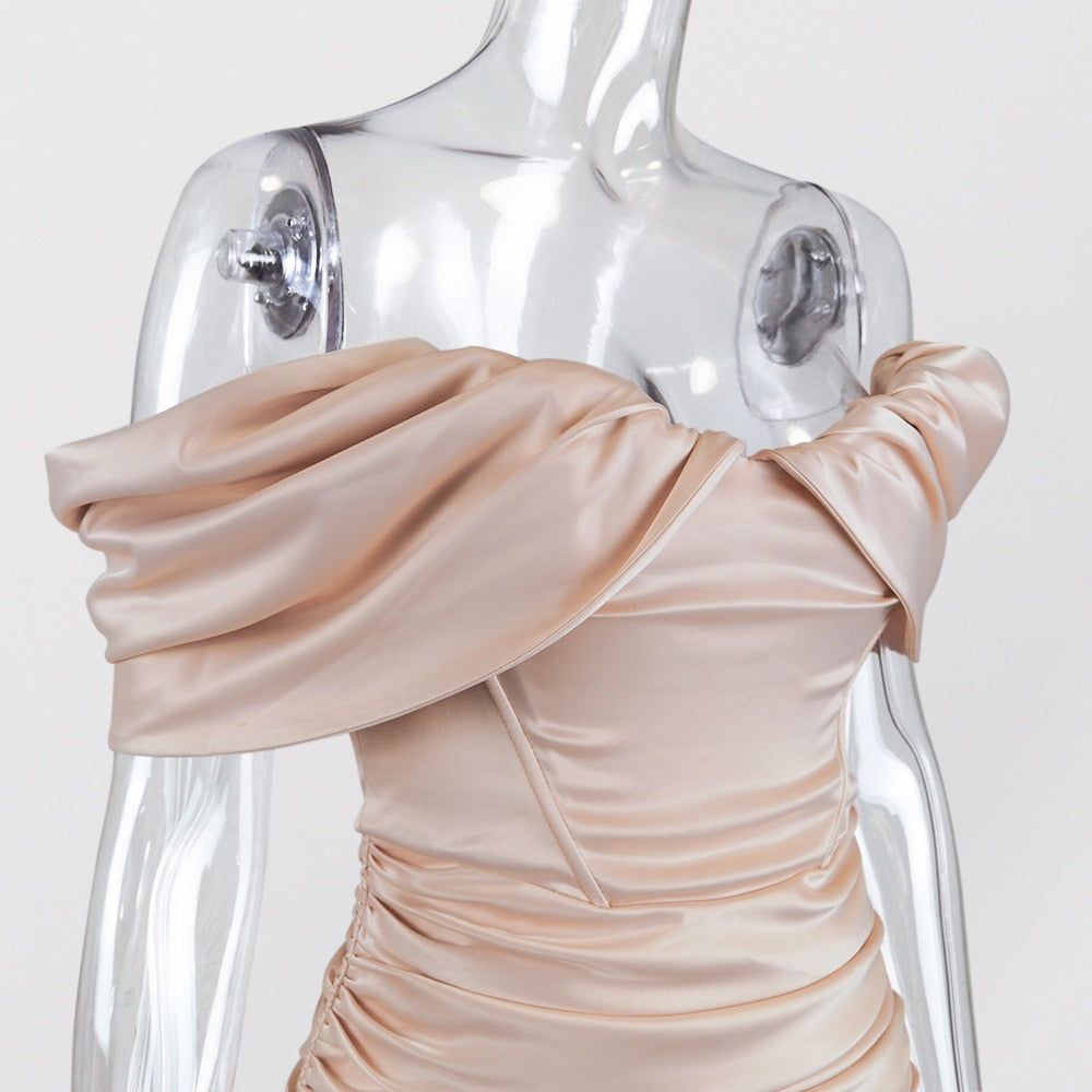 Off-Shoulder Satin Corset Ruched Draped Bodycon Mini Dress