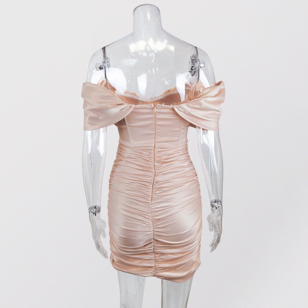 Off-Shoulder Satin Corset Ruched Draped Bodycon Mini Dress