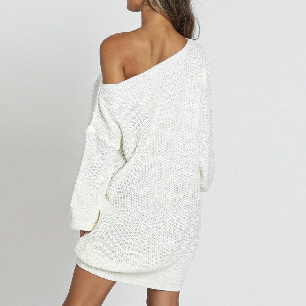 White One Shoulder Rib Knit Long Sleeve Sweater Mini Dress