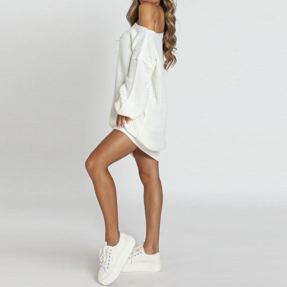 White One Shoulder Rib Knit Long Sleeve Sweater Mini Dress