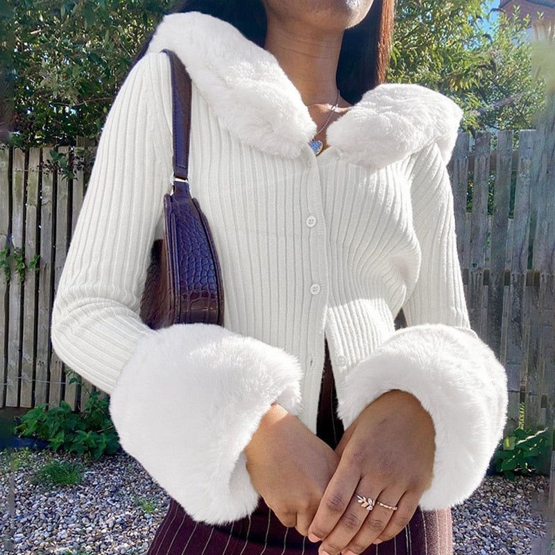 Faux Fur Collar Ribbed Knit Button Front Cardigan