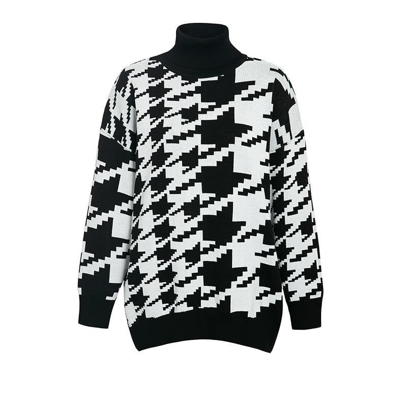Turtleneck Long Sleeve Houndstooth Pattern Oversized Knit Sweater