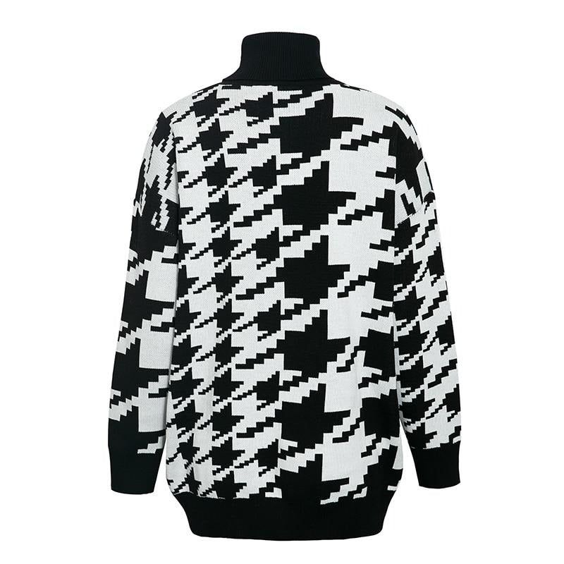 Turtleneck Long Sleeve Houndstooth Pattern Oversized Knit Sweater