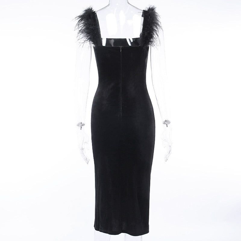 Black Square Neck Feather Strap Velvet High Slit Bodycon Midi Dress