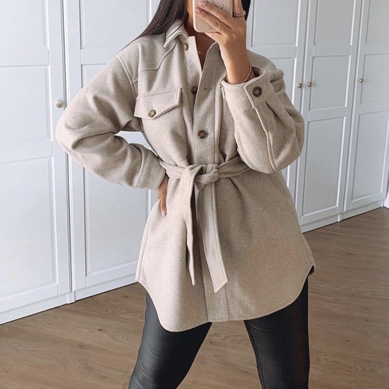 Beige Collared Button Front Patch Pocket Belted Wool Shirt Coat