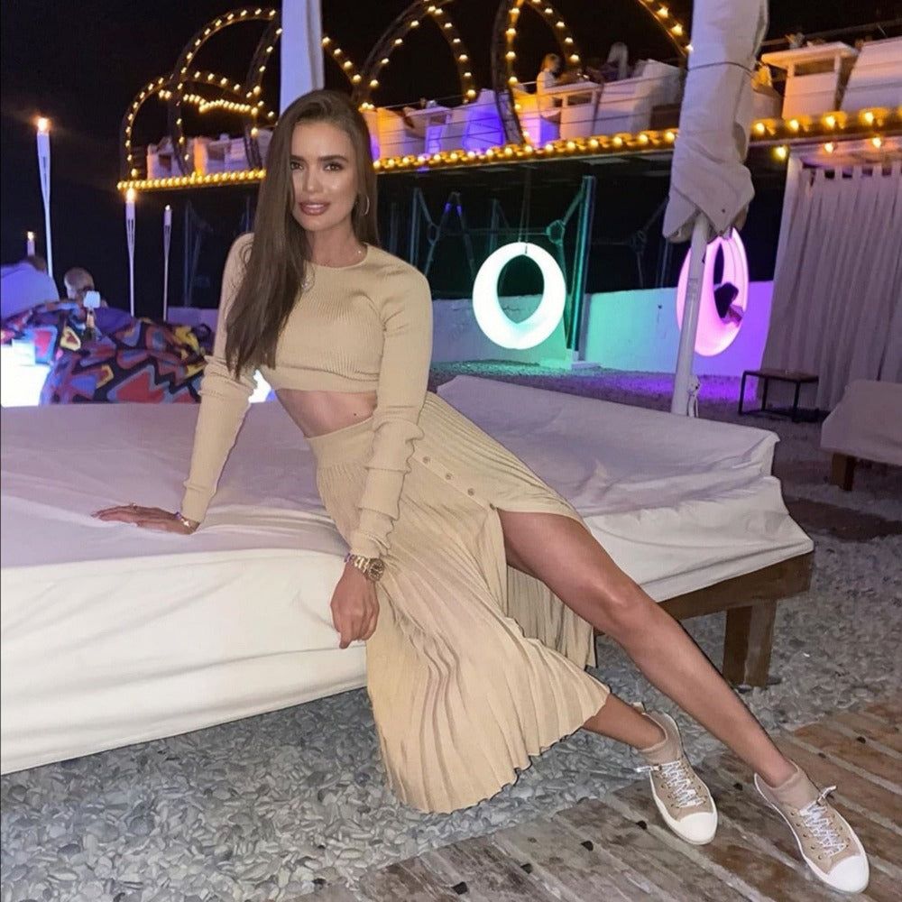 Crew Neck Long Sleeve Crop Top Ribbed Knit Maxi Skirt Set