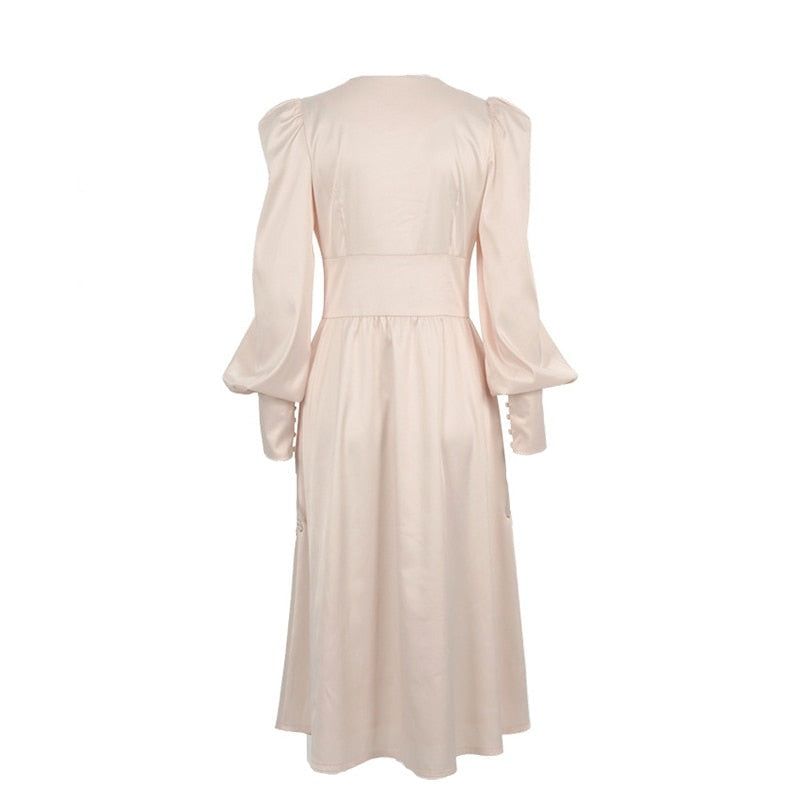 Athenian Lantern Sleeve Satin Midi Dress