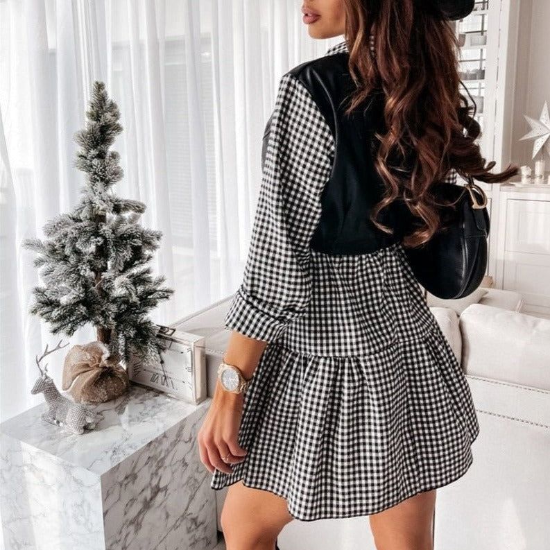 Point Collar Long Sleeve Leather Front Tiered Shirt Mini Dress