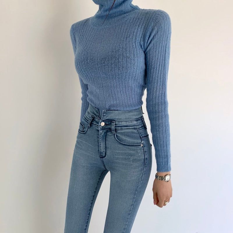 Turtleneck Ribbed Knit Long Sleeve Crop Sweater