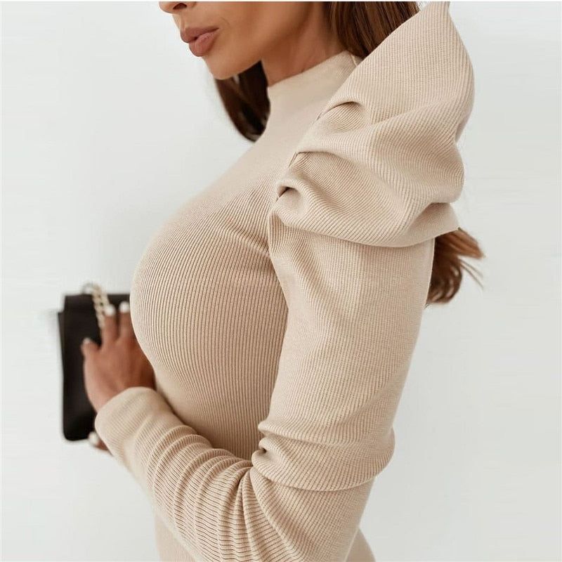 Mock Neck Puff Sleeve Ribbed Knit Bodycon Mini Dress 3