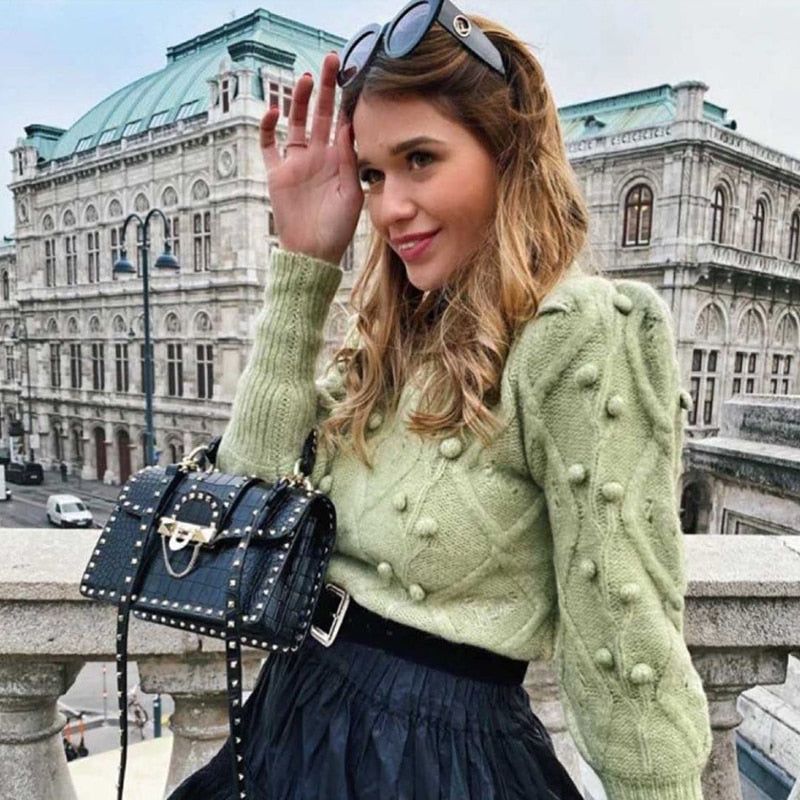 Mock Neck Pom Pom Cable Knit Long Sleeve Sweater