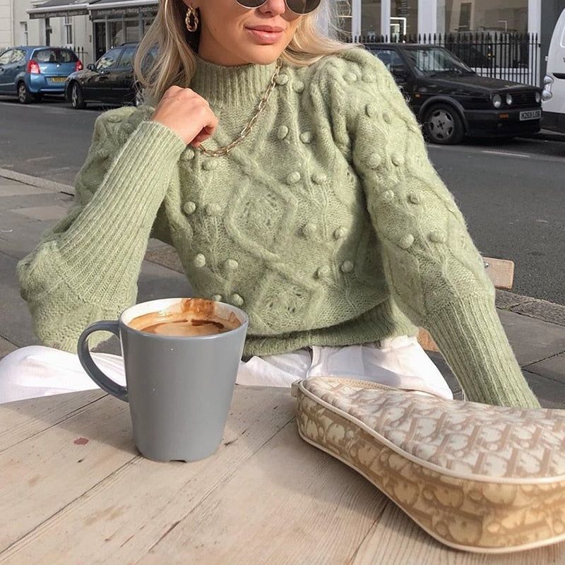 Green Mock Neck Bobble Cable Knit Long Sleeve Sweater