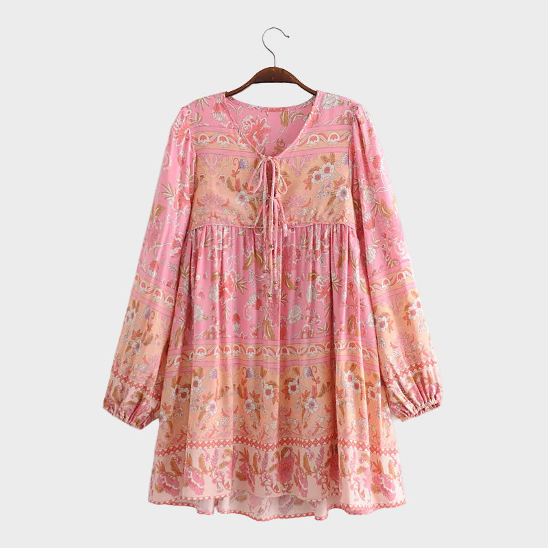 Pink Tie Neck Floral Long Sleeve Tiered Babydoll Mini Dress