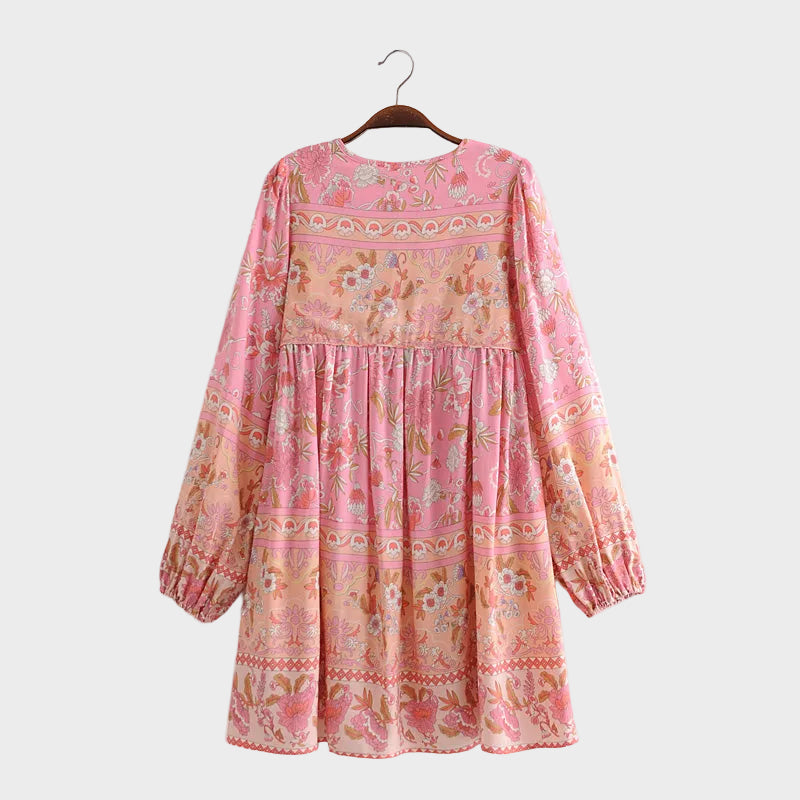 Pink Tie Neck Floral Long Sleeve Tiered Babydoll Mini Dress