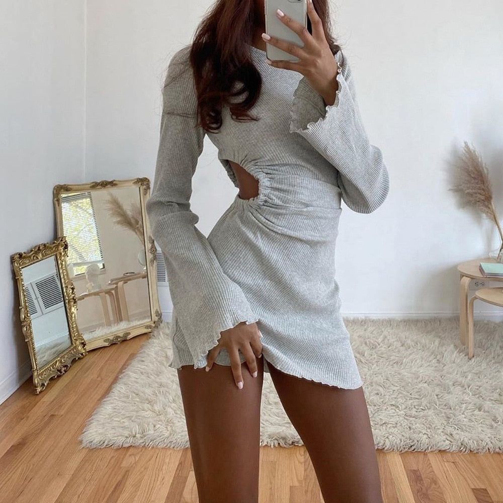 Gray Round Neck Long Sleeve Ribbed Lettuce Trim Cutout Bodycon Mini Dress