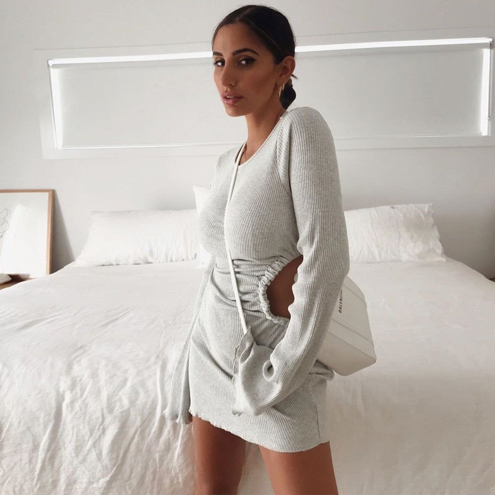 Gray Round Neck Long Sleeve Ribbed Lettuce Trim Cutout Bodycon Mini Dress
