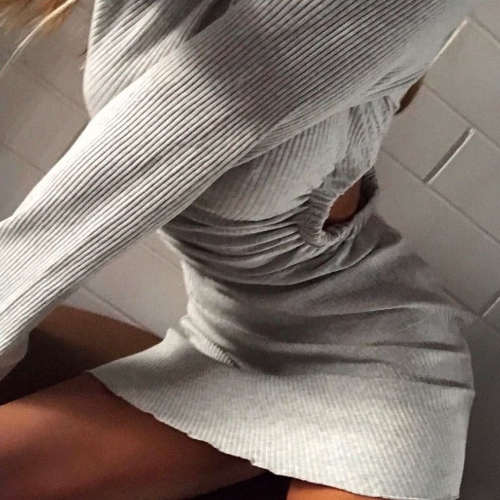 Gray Round Neck Long Sleeve Ribbed Lettuce Trim Cutout Bodycon Mini Dress