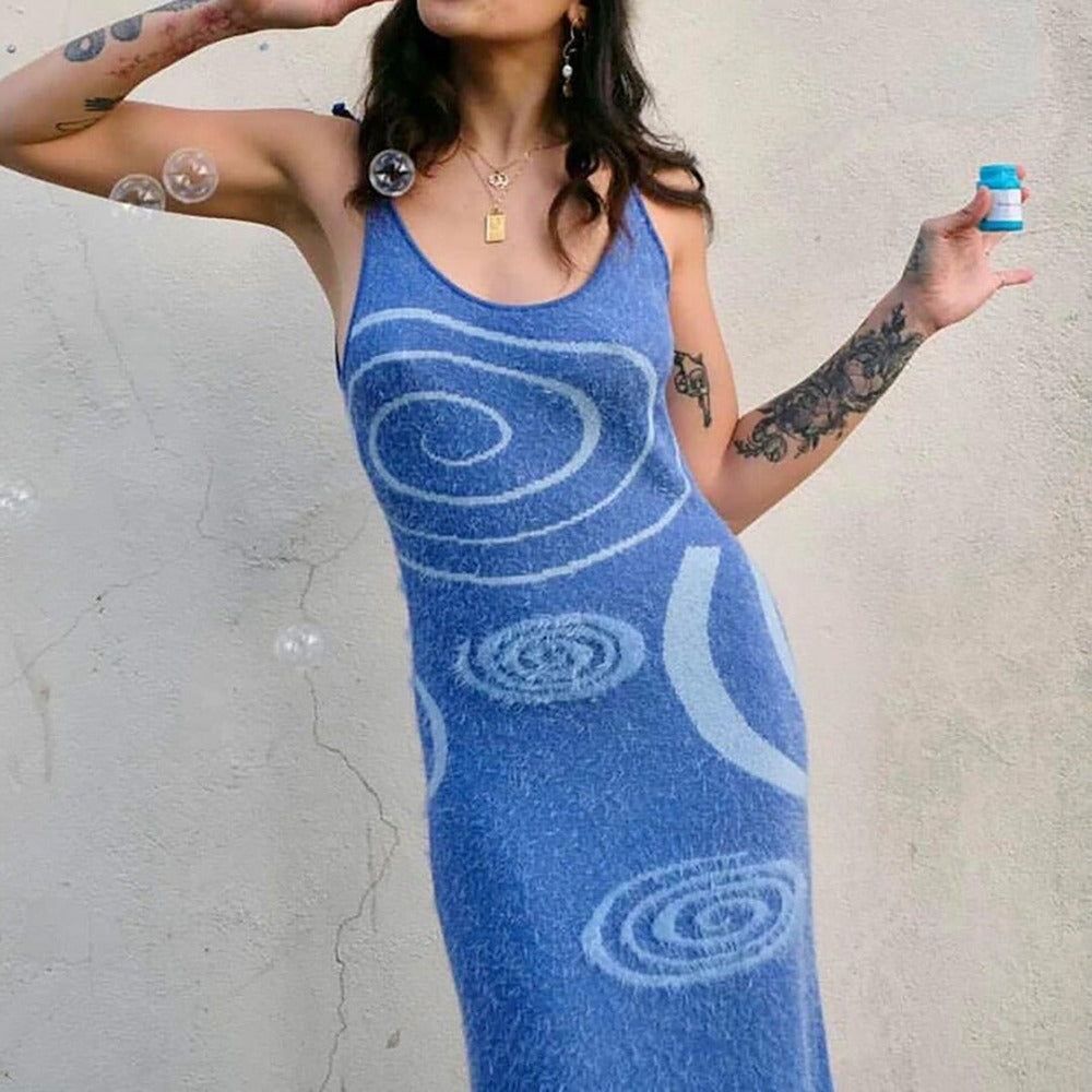 Scoop Neck Abstract Swirl Print Knit Bodycon Midi Dress