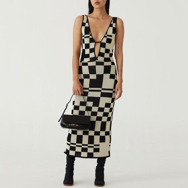 Backless Plaid Print Spaghetti Strap Hollow Out Vestidos Maxi Dress