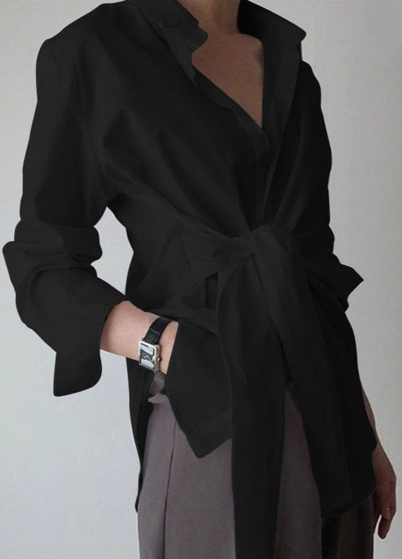 Zanze Self-Tie Shirt - Plus Size Black / S Tops & Blouses