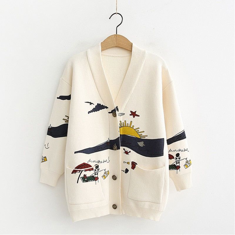 Beige V-Neck Sun Print Button Front Oversized Knit Cardigan