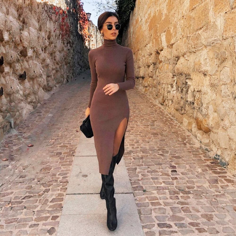 Women Long Sleeves HighNeck Elastic Midi Dress