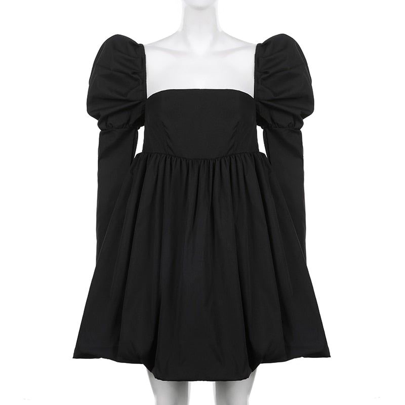 Black Square Neck Puff Sleeve Bubble Hem Babydoll Mini Dress