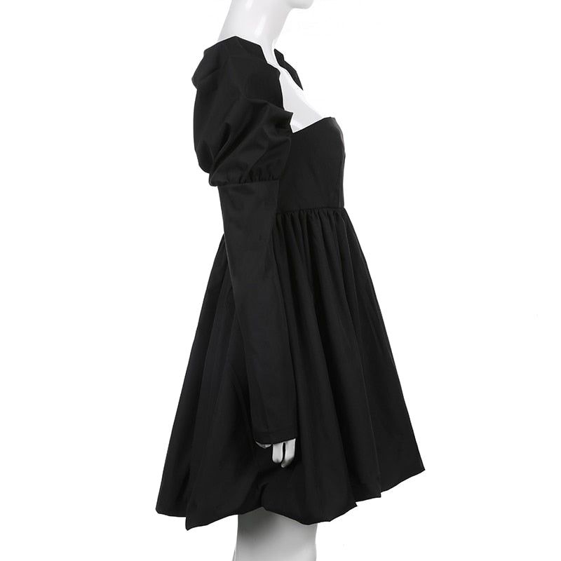 Black Square Neck Puff Long Sleeve Bubble Hem Babydoll Mini Dress