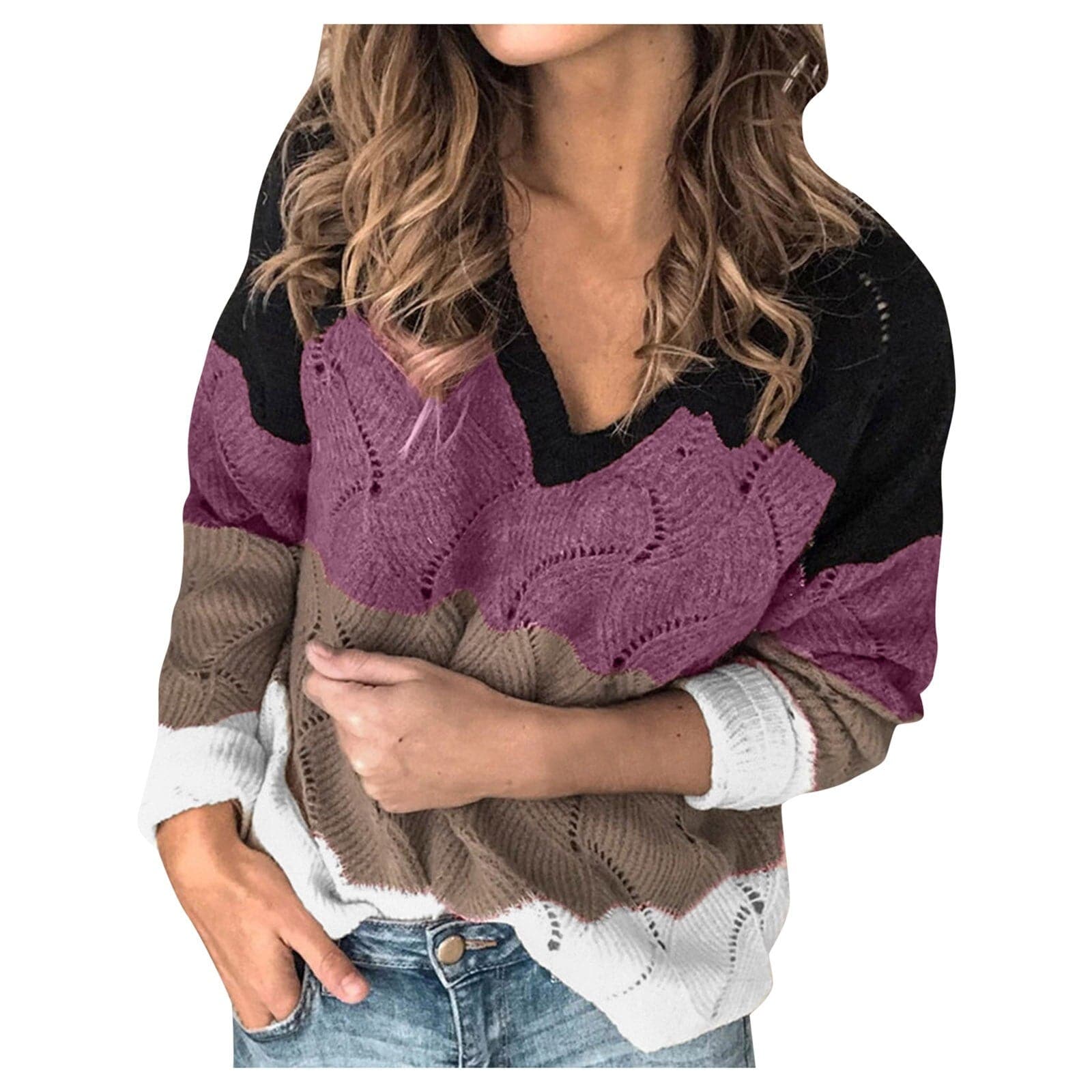 Women Color Block Stripe VNeck Sweater Long Sleeve Knit Pullover Women FallWinter Fashion Sweatshirt Top Sweater Tops