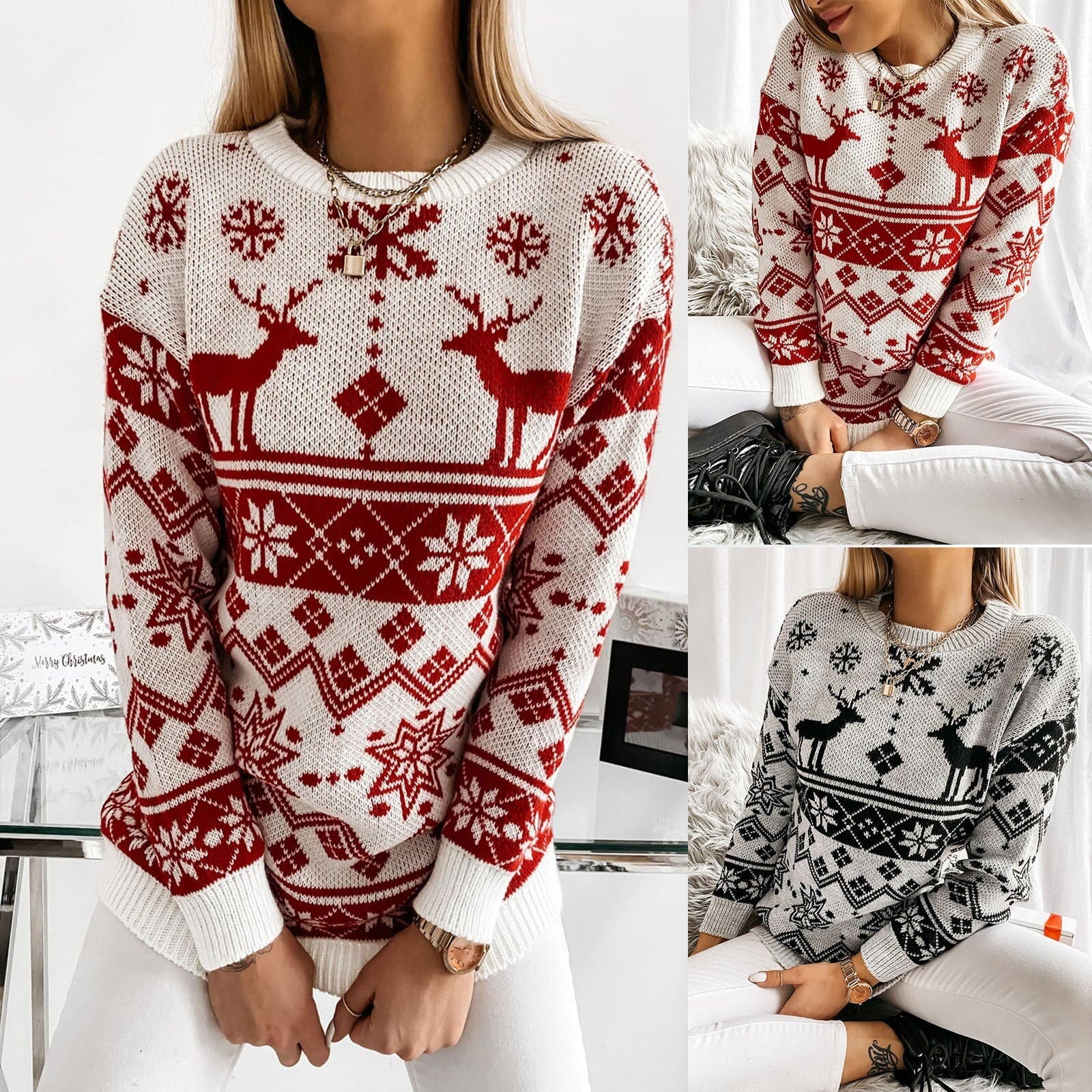 Women AutumnWinter Printed Sweater ONeck Snowflake Christmas Top Christmas Pullover Knitted Top Shirt